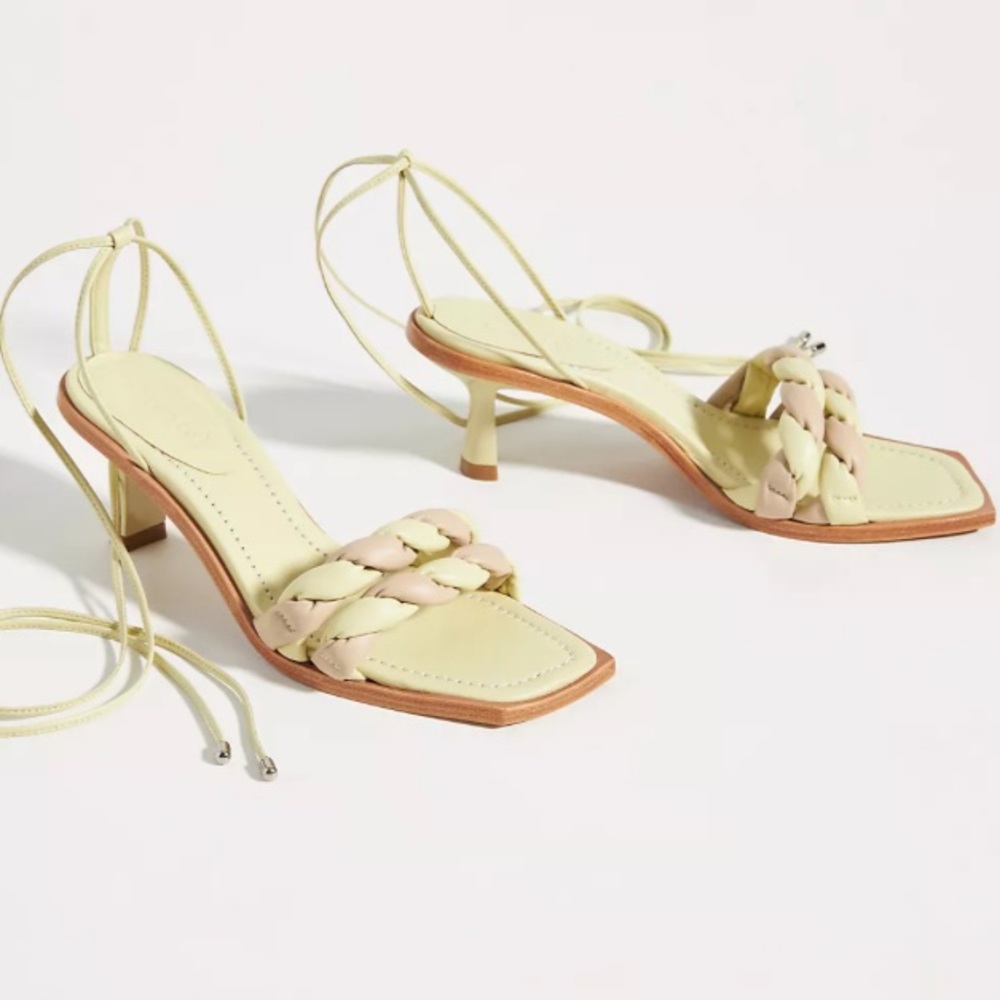 Anthropologie Braided Strap Kitten Heel Sandals in Pale Yellow and Blush